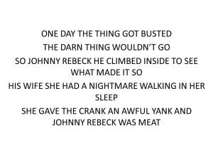 Song lyrics to ‘Johnny Rebeck’, the man who turned his neighbor’s cats and dogs … into sausages?