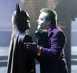Batman (Michael Keaton) confronts the Joker (Jack Nicholson)